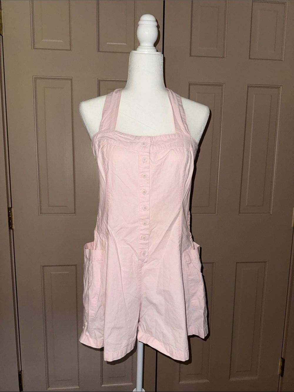 70s Vintage Cherokee Light Pink Denim Halter Button Romper